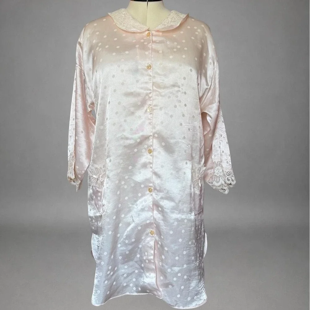 Vintage Elizabeth white & pink polka dot lace nightgown with button-up lace trim
